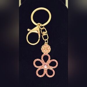 Pink and Gold Flower Key Chain Bag Charm with Rhinestones Design